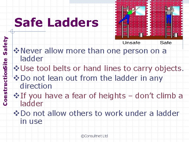 Construction. Site Safety Safe Ladders v. Never allow more than one person on a