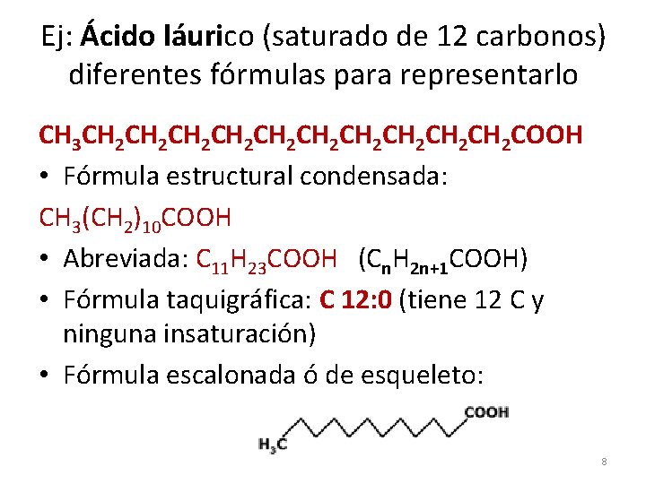 Ej: Ácido láurico (saturado de 12 carbonos) diferentes fórmulas para representarlo CH 3 CH