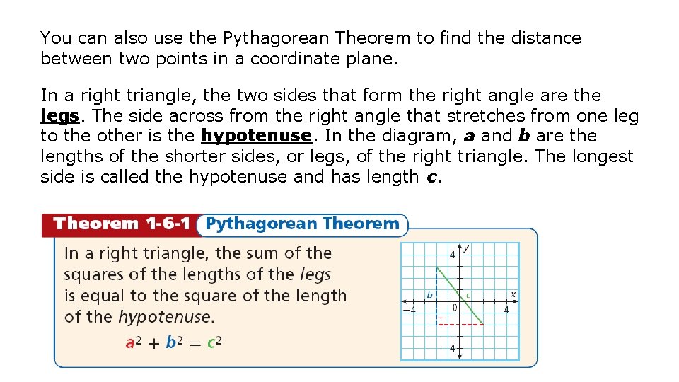 You can also use the Pythagorean Theorem to find the distance between two points