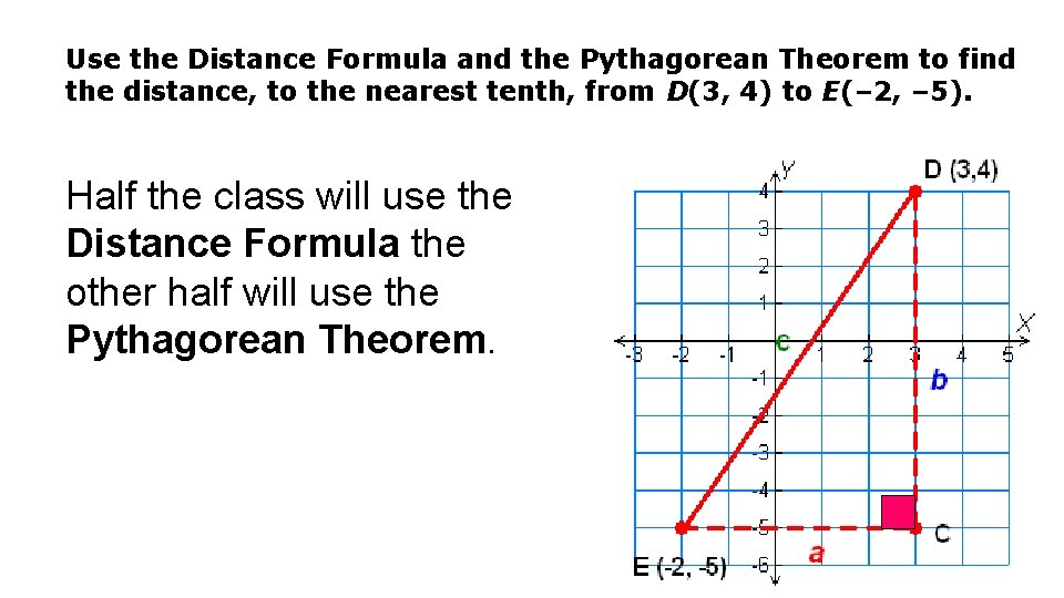 Use the Distance Formula and the Pythagorean Theorem to find the distance, to the