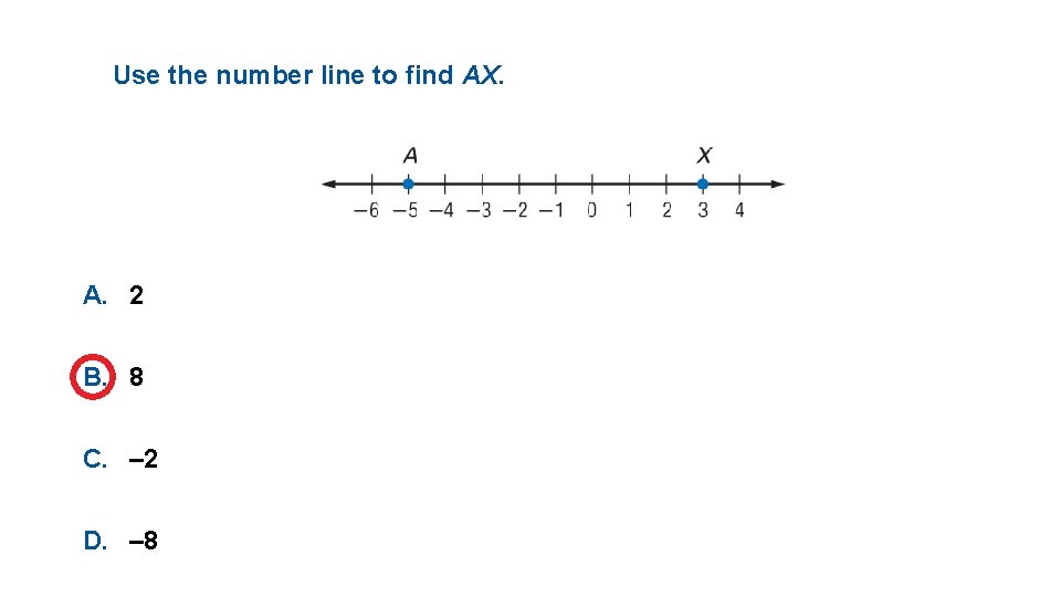 Use the number line to find AX. A. 2 B. 8 C. – 2