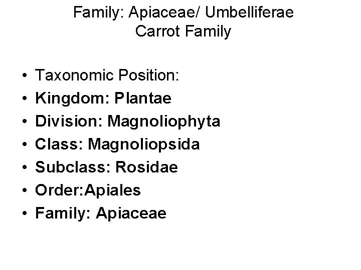 Family: Apiaceae/ Umbelliferae Carrot Family • • Taxonomic Position: Kingdom: Plantae Division: Magnoliophyta Class: