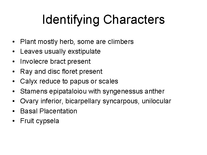 Identifying Characters • • • Plant mostly herb, some are climbers Leaves usually exstipulate