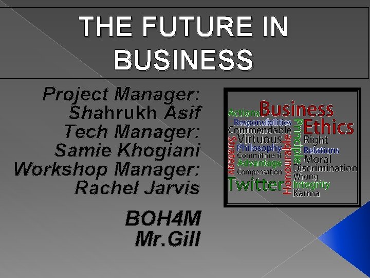 THE FUTURE IN BUSINESS Project Manager: Shahrukh Asif Tech Manager: Samie Khogiani Workshop Manager: