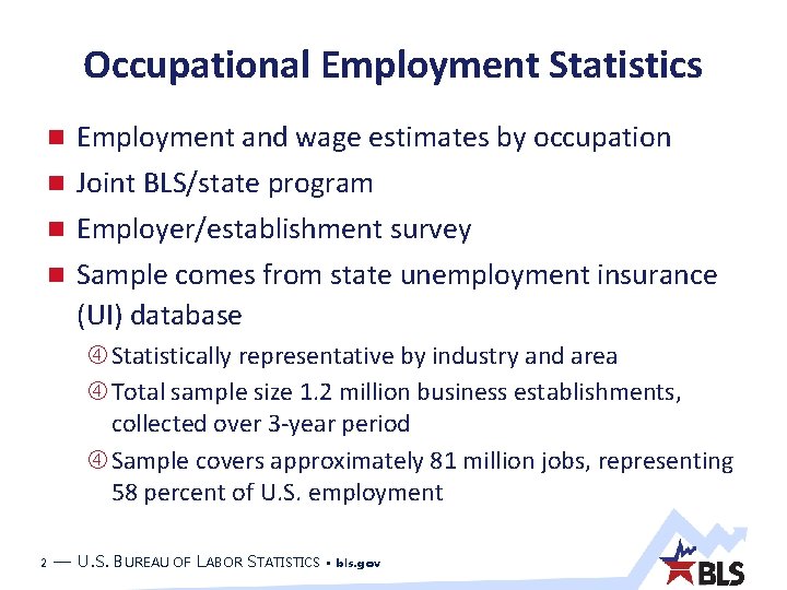 Occupational Employment Statistics Employment and wage estimates by occupation Joint BLS/state program Employer/establishment survey Occupational Employment Statistics Employment and wage estimates by occupation Joint BLS/state program Employer/establishment survey