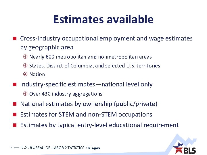 Estimates available Cross-industry occupational employment and wage estimates by geographic area Nearly 600 metropolitan Estimates available Cross-industry occupational employment and wage estimates by geographic area Nearly 600 metropolitan