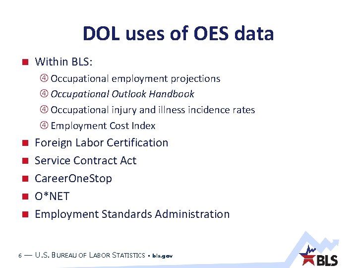 DOL uses of OES data Within BLS: Occupational employment projections Occupational Outlook Handbook Occupational DOL uses of OES data Within BLS: Occupational employment projections Occupational Outlook Handbook Occupational