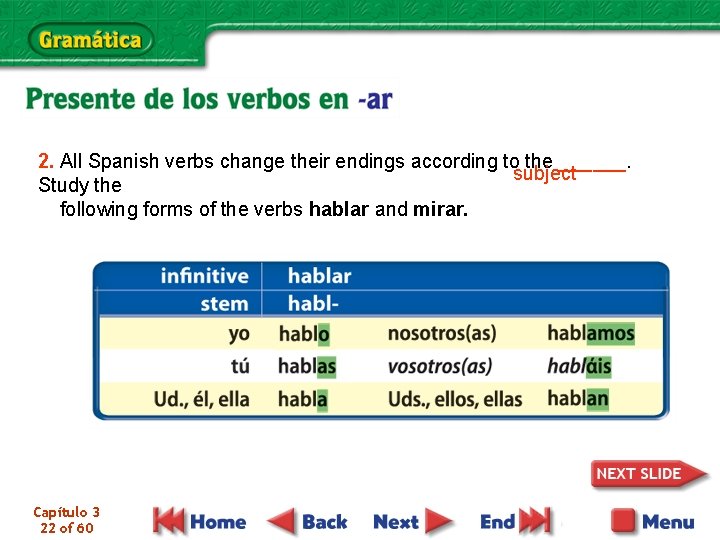 2. All Spanish verbs change their endings according to the ______. subject Study the