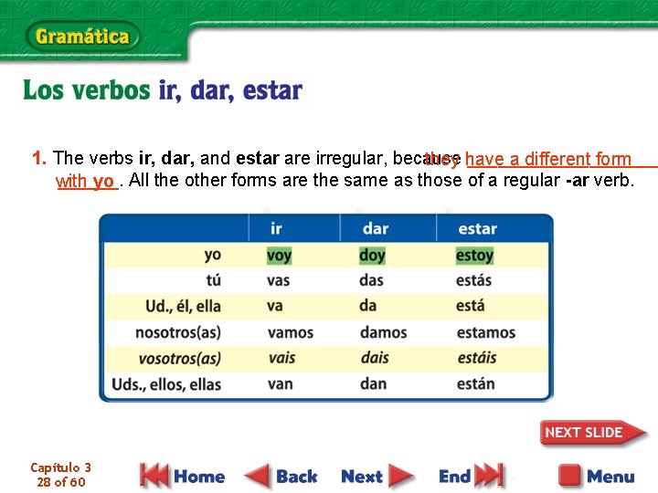 1. The verbs ir, dar, and estar are irregular, because __________ they have a