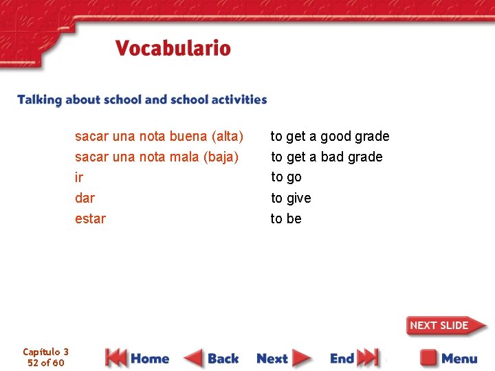 sacar una nota buena (alta) sacar una nota mala (baja) ir dar estar Capítulo