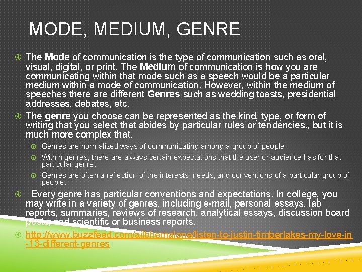 MODE, MEDIUM, GENRE The Mode of communication is the type of communication such as