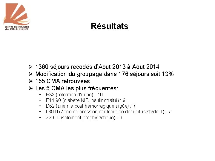 Résultats Ø Ø 1360 séjours recodés d’Aout 2013 à Aout 2014 Modification du groupage