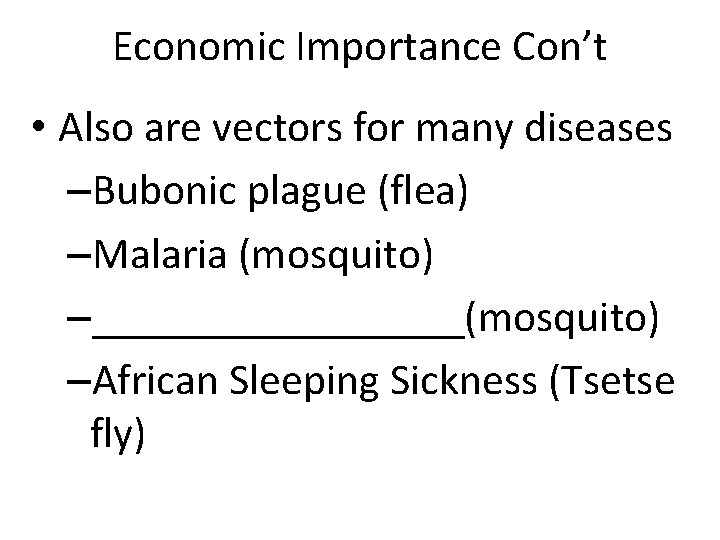 Economic Importance Con’t • Also are vectors for many diseases –Bubonic plague (flea) –Malaria