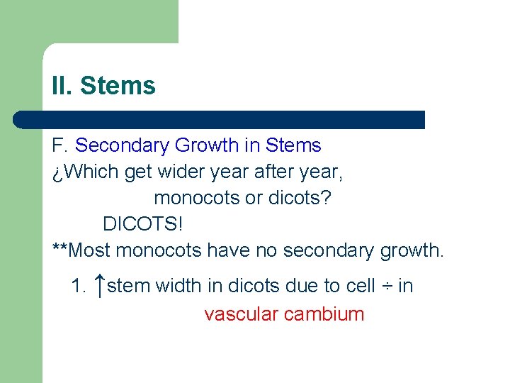 II. Stems F. Secondary Growth in Stems ¿Which get wider year after year, monocots II. Stems F. Secondary Growth in Stems ¿Which get wider year after year, monocots