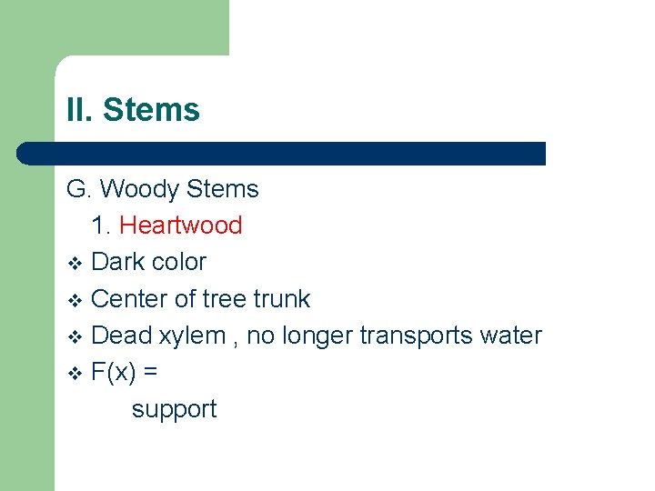 II. Stems G. Woody Stems 1. Heartwood v Dark color v Center of tree II. Stems G. Woody Stems 1. Heartwood v Dark color v Center of tree