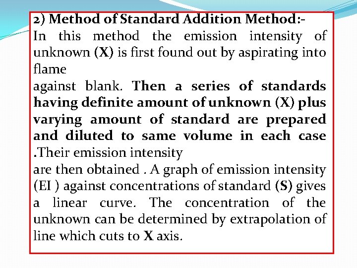 2) Method of Standard Addition Method: In this method the emission intensity of unknown