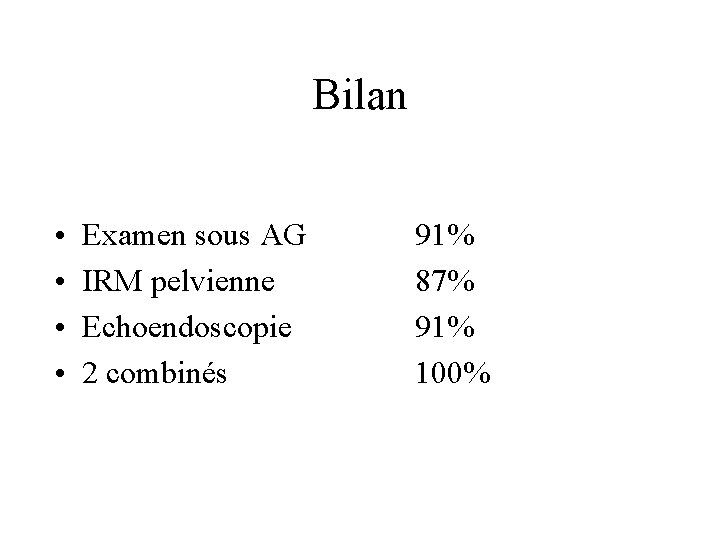 Bilan • • Examen sous AG IRM pelvienne Echoendoscopie 2 combinés 91% 87% 91%