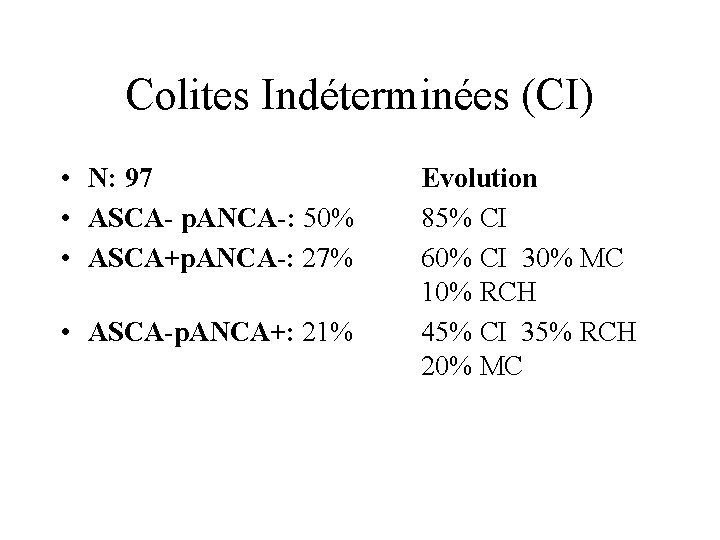 Colites Indéterminées (CI) • N: 97 • ASCA- p. ANCA-: 50% • ASCA+p. ANCA-: