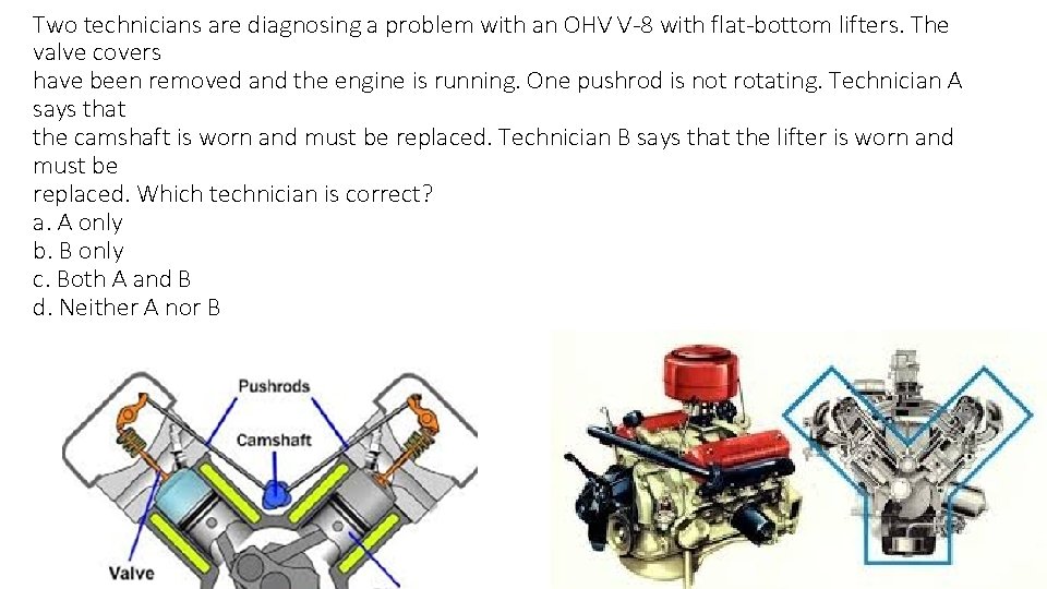 Two technicians are diagnosing a problem with an OHV V-8 with flat-bottom lifters. The