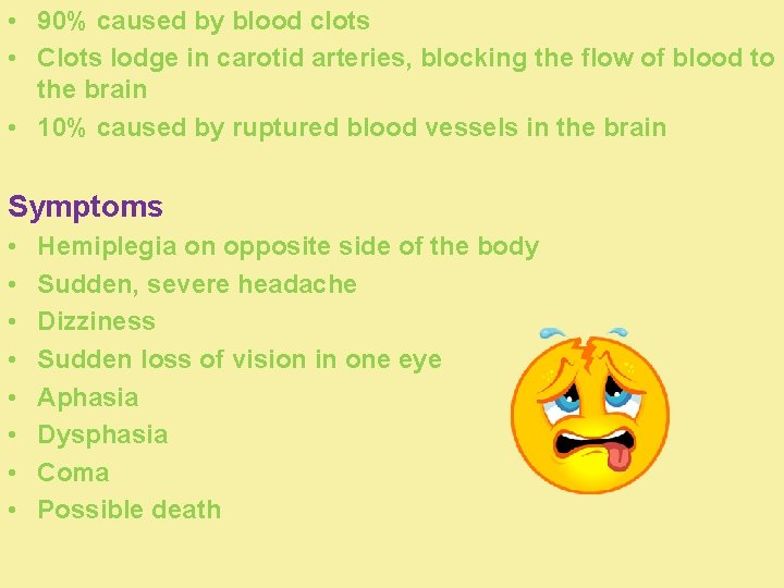  • 90% caused by blood clots • Clots lodge in carotid arteries, blocking