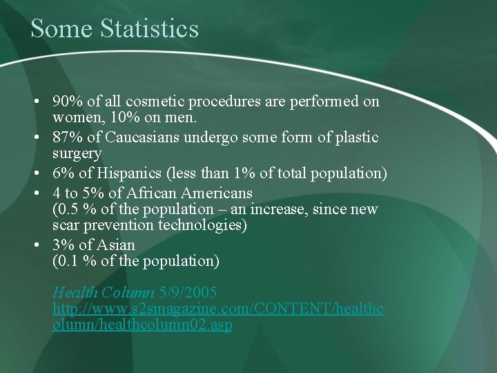 Some Statistics • 90% of all cosmetic procedures are performed on women, 10% on