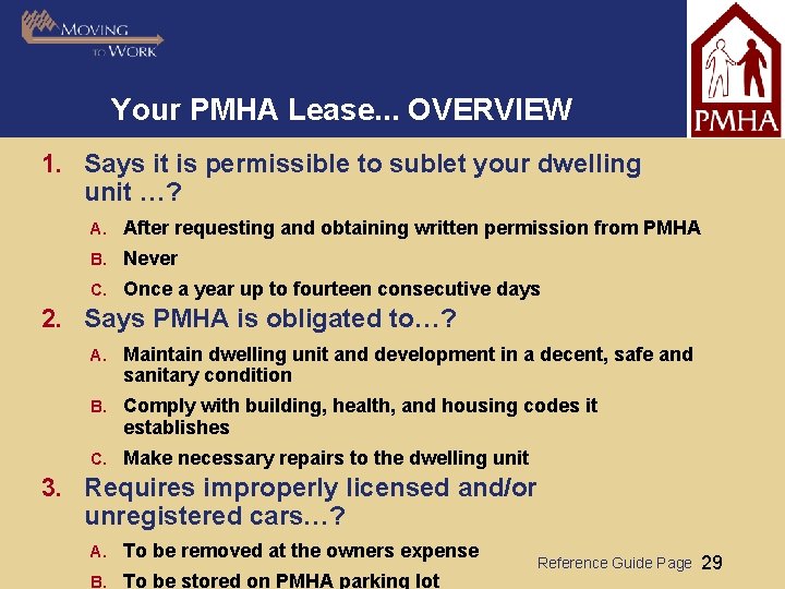 Your PMHA Lease. . . OVERVIEW 1. Says it is permissible to sublet your