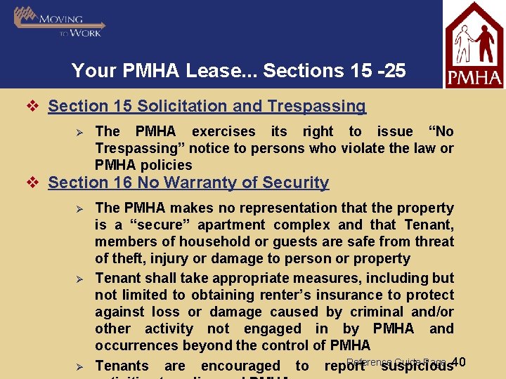 Your PMHA Lease. . . Sections 15 -25 v Section 15 Solicitation and Trespassing