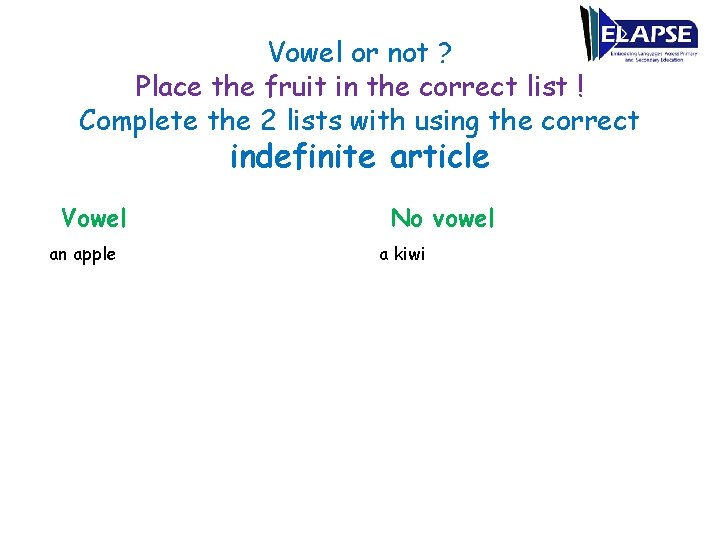 Vowel or not ? Place the fruit in the correct list ! Complete the