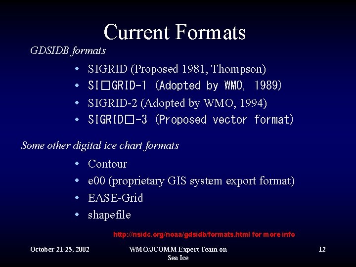 Current Formats GDSIDB formats • • SIGRID (Proposed 1981, Thompson) SI�GRID-1 (Adopted by WMO,