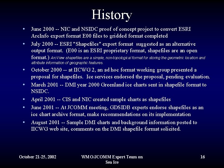 History • June 2000 -- NIC and NSIDC proof of concept project to convert