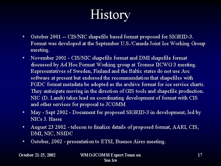 History • October 2001 -- CIS/NIC shapefile based format proposed for SIGRID-3. • •