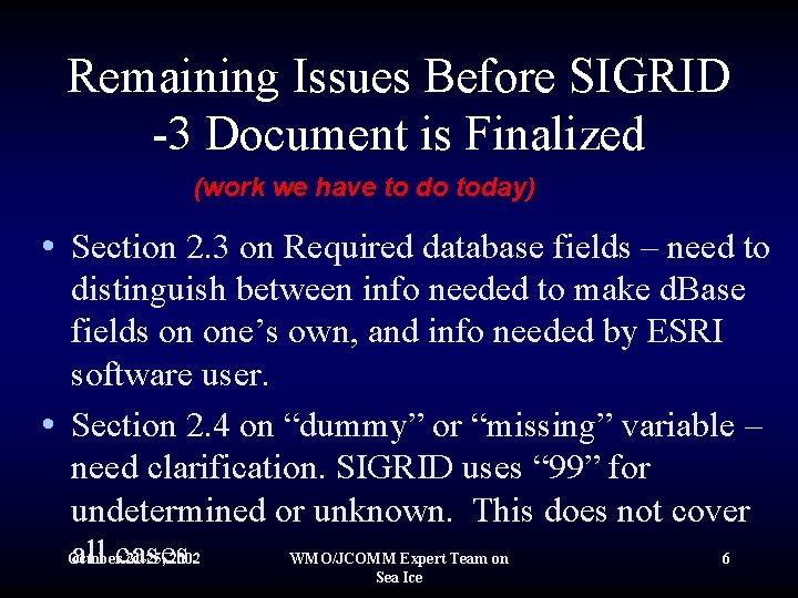 Remaining Issues Before SIGRID -3 Document is Finalized (work we have to do today)