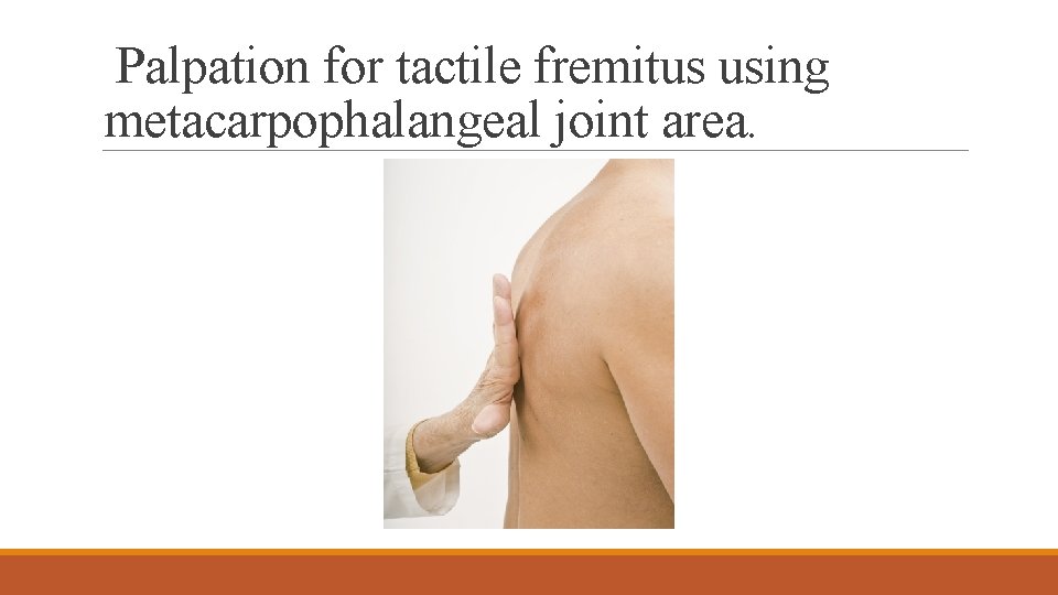 Palpation for tactile fremitus using metacarpophalangeal joint area. 