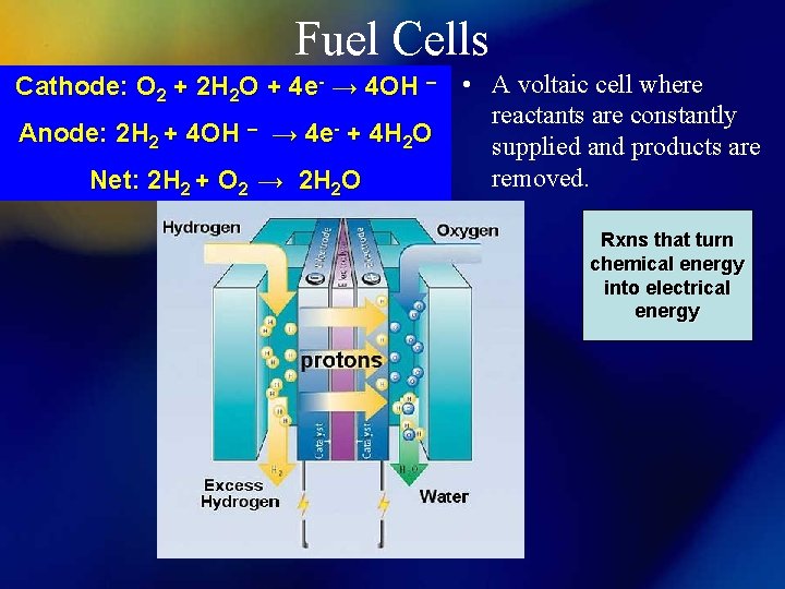 Fuel Cells Cathode: O 2 + 2 H 2 O + 4 e- →
