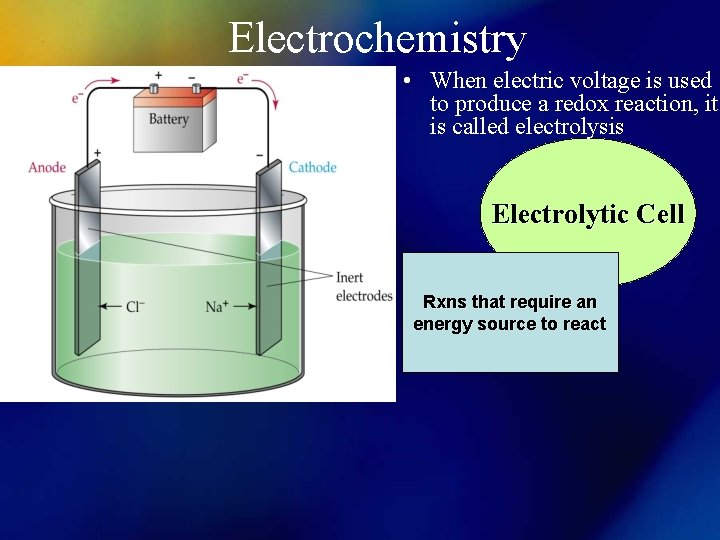 Electrochemistry • When electric voltage is used to produce a redox reaction, it is