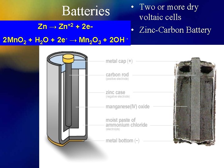 Batteries Zn → Zn+2 + 2 e 2 Mn. O 2 + H 2