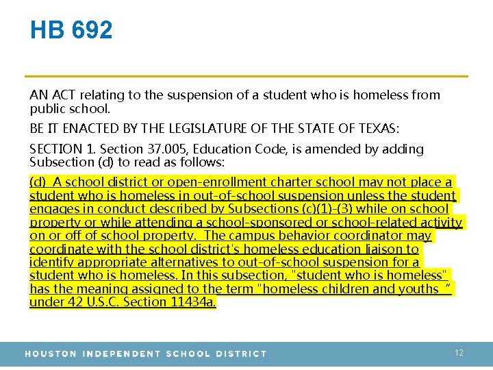 HB 692 AN ACT relating to the suspension of a student who is homeless