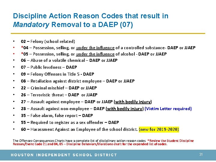 Discipline Action Reason Codes that result in Mandatory Removal to a DAEP (07) •