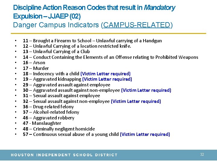 Discipline Action Reason Codes that result in Mandatory Expulsion – JJAEP (02) Danger Campus