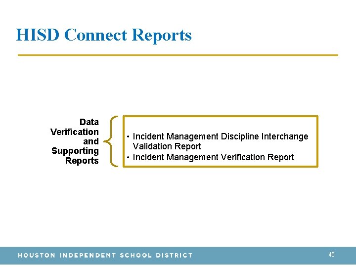 HISD Connect Reports Data Verification and Supporting Reports • Incident Management Discipline Interchange Validation