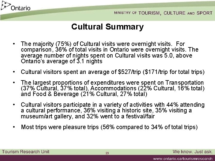 Cultural Summary • The majority (75%) of Cultural visits were overnight visits. For comparison,