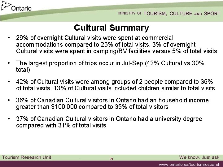 Cultural Summary • 29% of overnight Cultural visits were spent at commercial accommodations compared