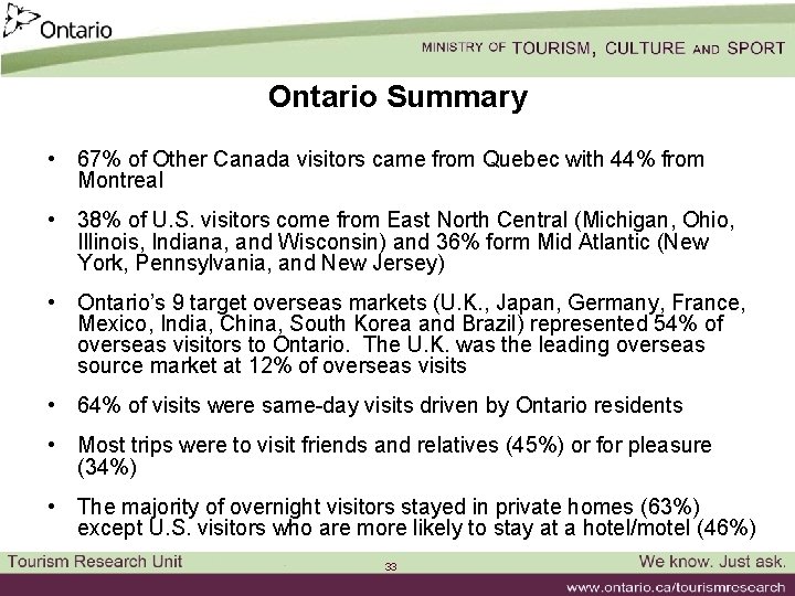 Ontario Summary • 67% of Other Canada visitors came from Quebec with 44% from