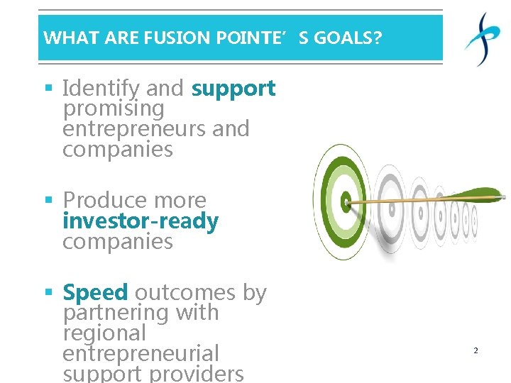 WHAT ARE FUSION POINTE’S GOALS? § Identify and support promising entrepreneurs and companies §