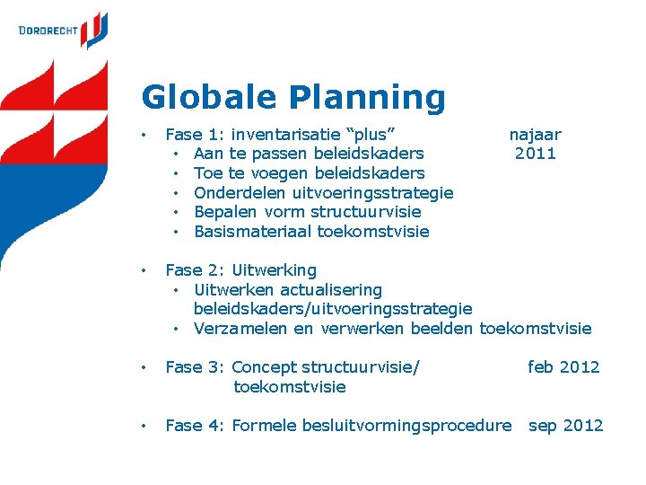 Globale Planning • Fase 1: inventarisatie “plus” • Aan te passen beleidskaders • Toe