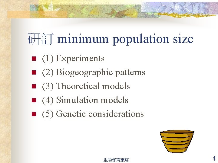 研訂 minimum population size n n n (1) Experiments (2) Biogeographic patterns (3) Theoretical