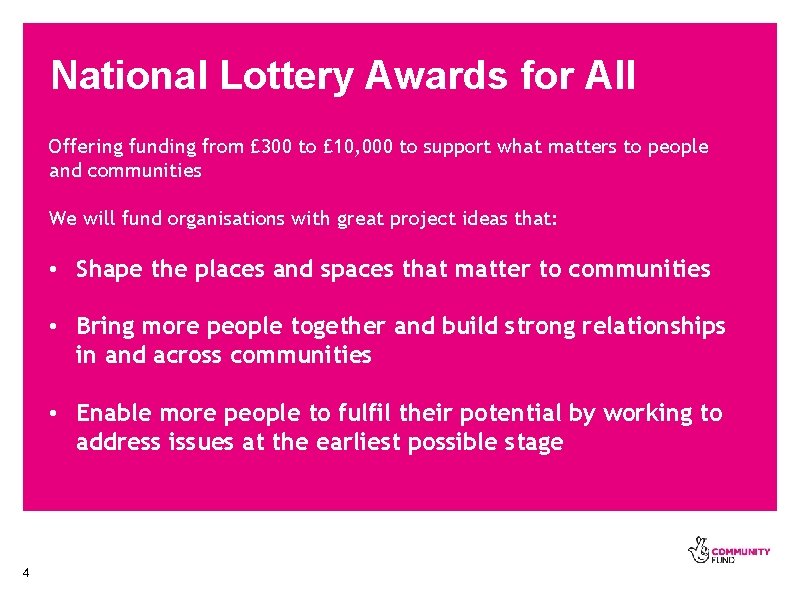 National Lottery Awards for All Offering funding from £ 300 to £ 10, 000