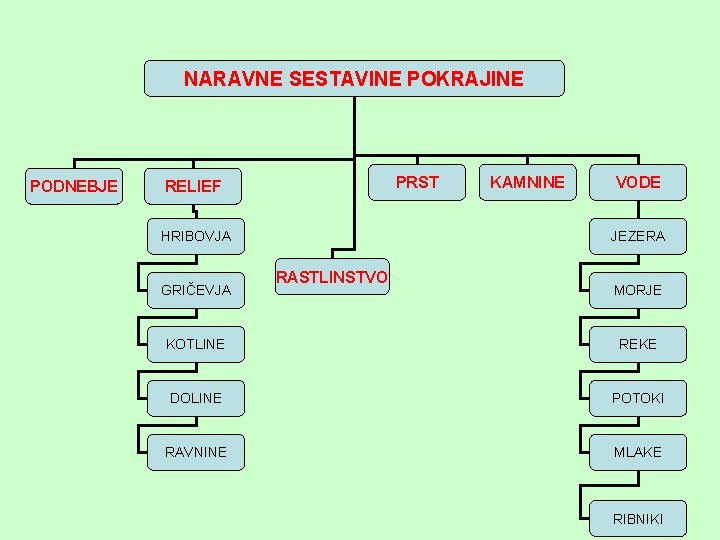 NARAVNE SESTAVINE POKRAJINE PODNEBJE PRST RELIEF HRIBOVJA GRIČEVJA KAMNINE VODE JEZERA RASTLINSTVO MORJE KOTLINE