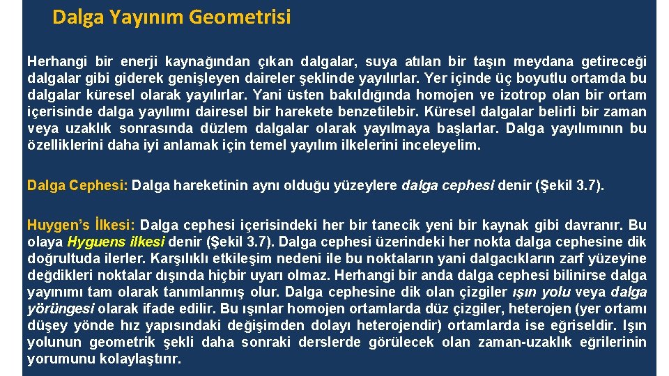 Dalga Yayınım Geometrisi Herhangi bir enerji kaynağından çıkan dalgalar, suya atılan bir taşın meydana