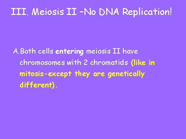 III. Meiosis II –No DNA Replication! A. Both cells entering meiosis II have chromosomes